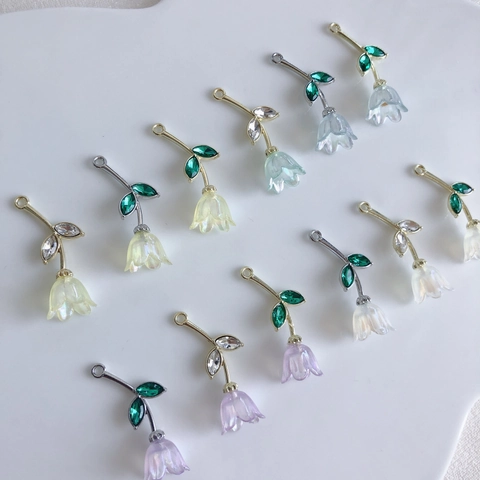 Lily Of The Valley Tulip Flower Pendant Iridescent Resin Alloy Rhinestone Charm For DIY Earring Necklace Jewelry Making