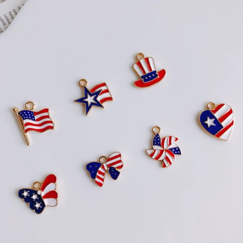 USA Independence Day Enamel Alloy Charms Flag Star Hat Butterfly Bow Heart Windmill For DIY Jewelry Patriotic Pendants