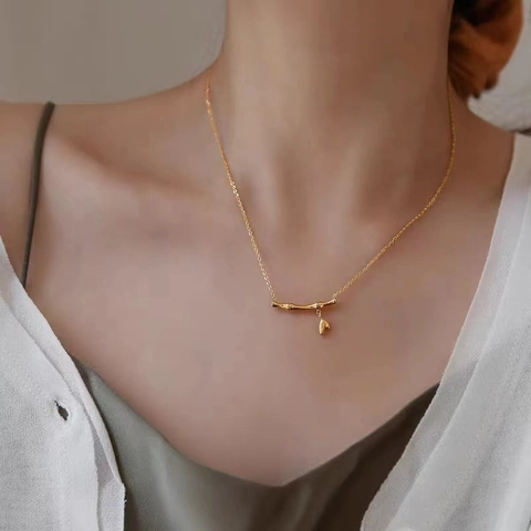18K Gold Plated 316L Stainless Steel Bamboo Joint Pendant Necklace With Leaf Detail Minimalist Oriental Jewelry For Women