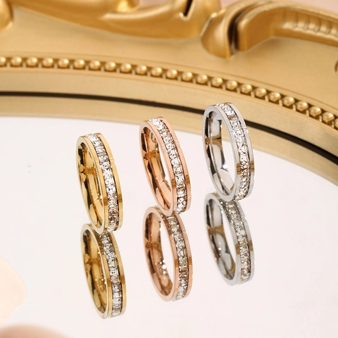 Titanium Steel Rhinestone Ring For Women Men Luxury Single Double Row Diamond Eternity Band Couple Ring Jewelry Gift