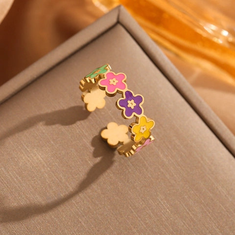 Bague Ouverte en Acier Inoxydable pour Femme Fleur en Émail Coloré Visage Joyeux Ajustable Plaqué Or Bijoux