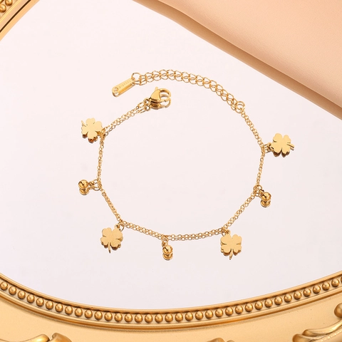 Titanstahl Vierblättriges Kleeblatt Fußkettchen Für Damen Gold Vergoldet Glücksperlen Kette Minimalistisch Verstellbar Fußschmuck Geschenk