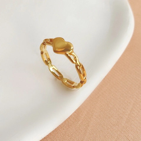 Bague en Acier Titane Coeur Minimaliste pour Femme Plaqué Or Chaîne Creuse Bague Géométrique Bijoux de Mode Cadeau
