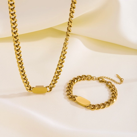 Hip Hop Punk Titanium Steel Cuban Link Chain Necklace Bracelet For Men Women PVD Gold Plated ID Tag Geometric Jewelry