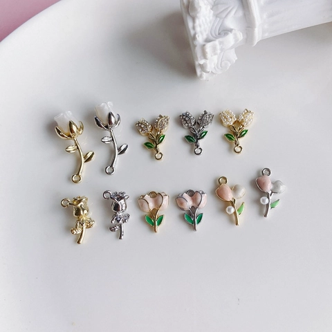 Alloy Flower Pendant Rose Tulip Charm With Enamel Drip And Artificial Pearl For DIY Jewelry Making Accessory Findings