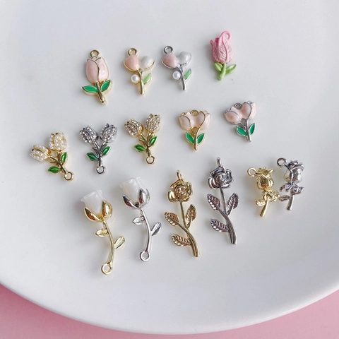 Alloy Flower Pendant Rose Tulip Charm With Enamel Drip And Artificial Pearl For DIY Jewelry Making Accessory Findings