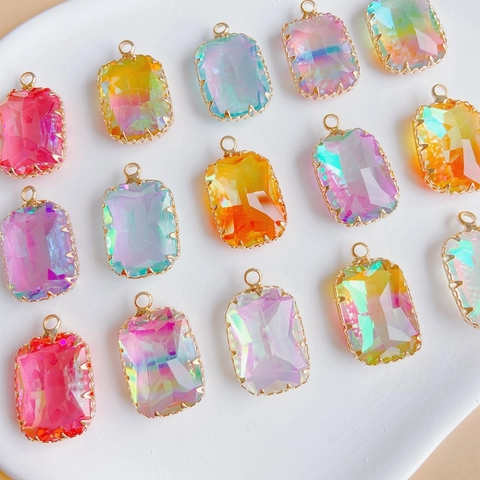 Rectangular Faceted Gemstone Pendants Copper Edge Wrapped Gradient AB Coating Findings For DIY Jewelry Making Accessories