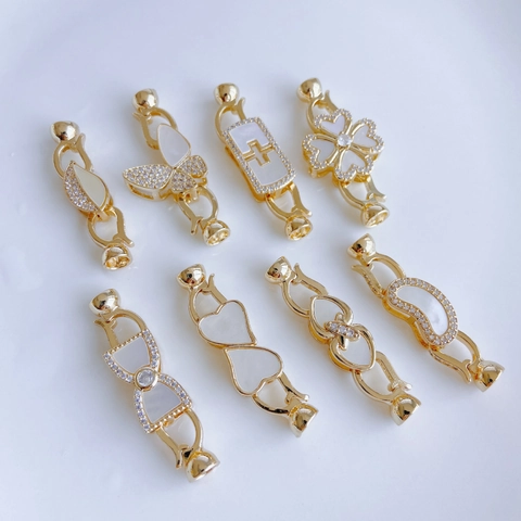 Fermoir Connecteur de Bijoux en Cuivre Plaqué Or Avec Strass Perle Artificielle pour Fabrication de Collier Bracelet DIY Formes Papillon Trèfle Cœur Croix