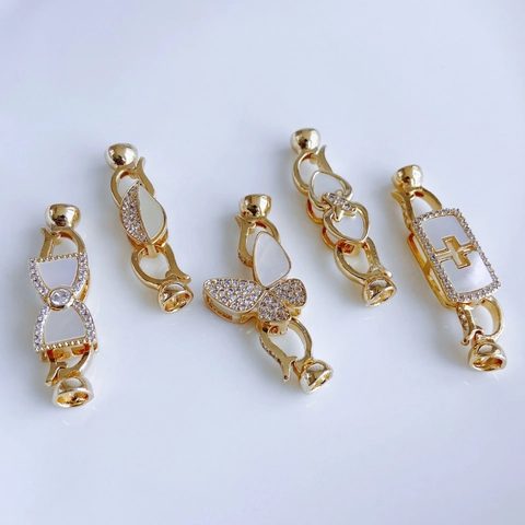 Fermoir Connecteur de Bijoux en Cuivre Plaqué Or Avec Strass Perle Artificielle pour Fabrication de Collier Bracelet DIY Formes Papillon Trèfle Cœur Croix