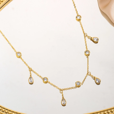 Vintage Vergoldet Edelstahl Zirkonia Wassertropfen Halskette Und Armband Elegante Strass Schmuck Für Damen Party