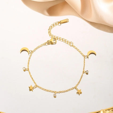 Edelstahl Stern Mond Anhänger Armband Fußkettchen Für Damen Gold Silber Plattiert Zirkonia Schmuck Elegantes Geschenk Für Sie Verstellbar