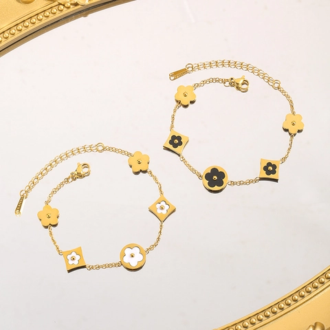 Pulsera de Amuleto de Flor de Cinco Pétalos de Acero Inoxidable de Lujo para Mujer Cadena de Eslabones de Trébol Joyería