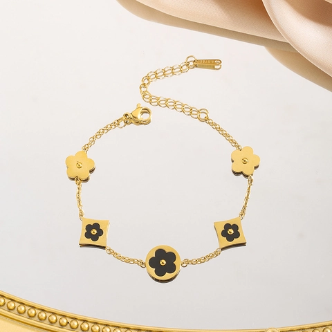 Pulsera de Amuleto de Flor de Cinco Pétalos de Acero Inoxidable de Lujo para Mujer Cadena de Eslabones de Trébol Joyería