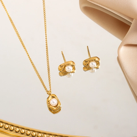 Französisch Retro Erbse Perle Anhänger Halskette Ohrringe Gold Vergoldet Edelstahl Unregelmäßig Organisch Design Schmuck Für Damen