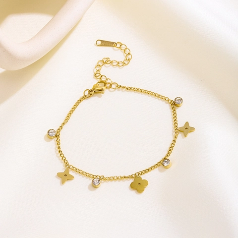 18K Vergoldet Edelstahl Vierblättriges Kleeblatt Fußkettchen Armband Für Damen Zirkon Stern Anhänger Mode Fußschmuck