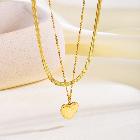Mode Edelstahl Herz Anhänger Halskette Für Damen Gold Überzogene Doppelschicht Strass Love You Schlüsselbein Kette Schmuck