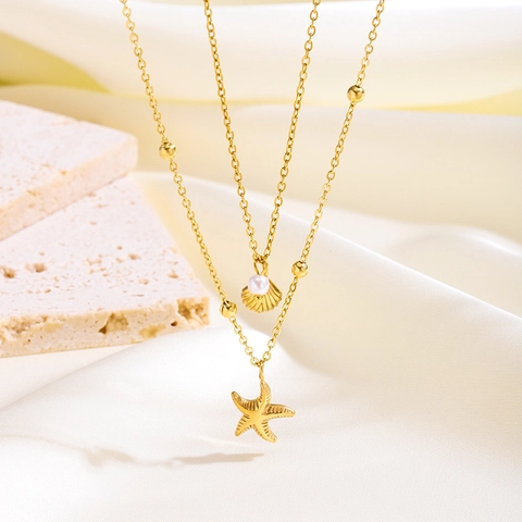 Ozean Seestern Muschel Halskette Edelstahl 18K Vergoldet Schmuck Mit Künstliche Perle Zirkon Perlmutt Für Damen Mode