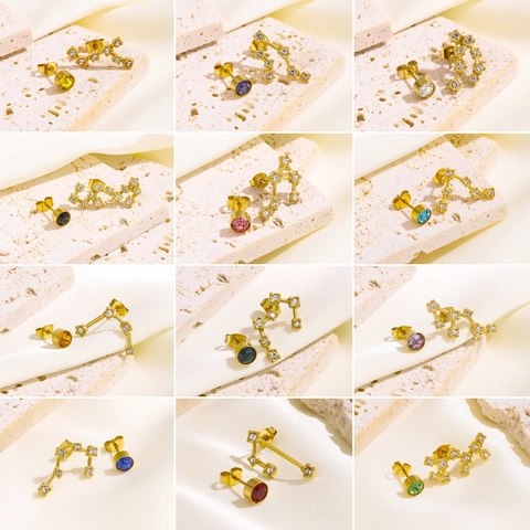 Tierkreiszeichen Geburtsstein Asymmetrische Titanstahl Ohrstecker Konstellation Zirkonia Vergoldete Ohrringe Für Damen Schmuck
