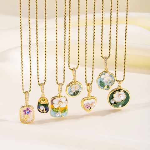 Vintage Emaille Blume Anhänger Halskette Für Damen Edelstahlkette Kupfer Zirkonia Kunstperle Floral Charm Schmuck