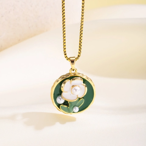 Vintage Emaille Blume Anhänger Halskette Für Damen Edelstahlkette Kupfer Zirkonia Kunstperle Floral Charm Schmuck