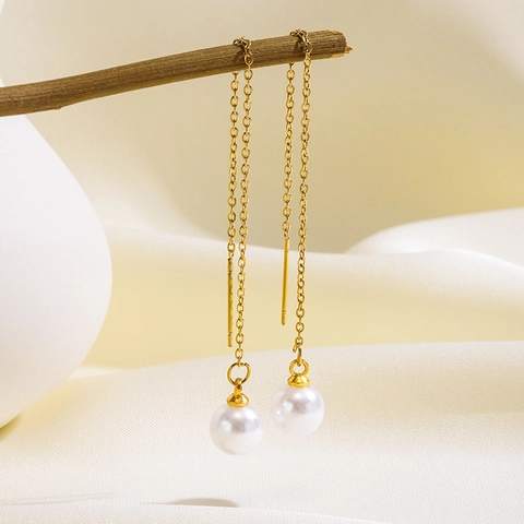 Minimalist Stainless Steel Long Tassel Ear Wire For Women Gold Plated Artificial Pearl Dangle Earrings Fashion Jewelry