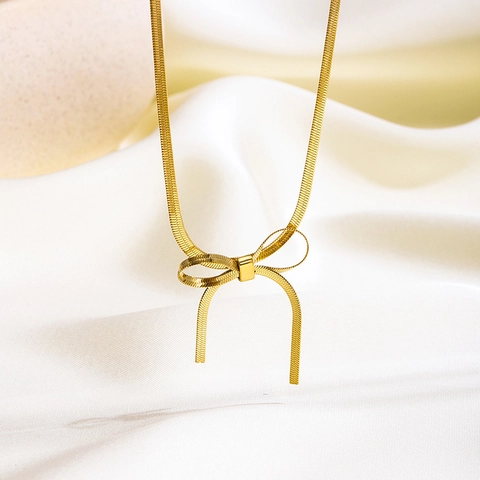 Minimalistisches Edelstahl Schmuckset Mit Schleife Halskette Und Ohrringen Flache Schlangenkette Gold Silber Damen Schmuck
