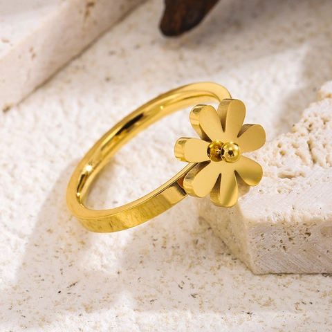 Damen Mode 304 Edelstahl Gänseblümchen Ring Goldbeschichtet Spiegelpoliert Leichter Luxus Minimalistischer Fingerring Schmuck