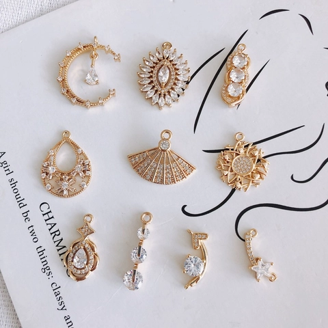 DIY Jewelry Making Accessories Gold Plated Copper Zirconia Pendants Moon Star Fan Flower Leaf Charms For Necklace Bracelet Making
