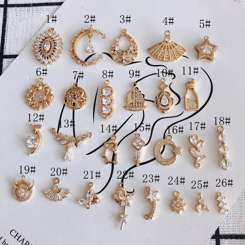 DIY Jewelry Making Accessories Gold Plated Copper Zirconia Pendants Moon Star Fan Flower Leaf Charms For Necklace Bracelet Making
