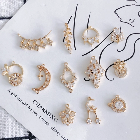 DIY Copper Real Gold Plated Cubic Zirconia Pendants Flower Moon Hollow Charms For Jewelry Making Necklace Bracelet Accessories