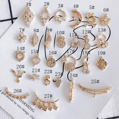 DIY Copper Real Gold Plated Cubic Zirconia Pendants Flower Moon Hollow Charms For Jewelry Making Necklace Bracelet Accessories