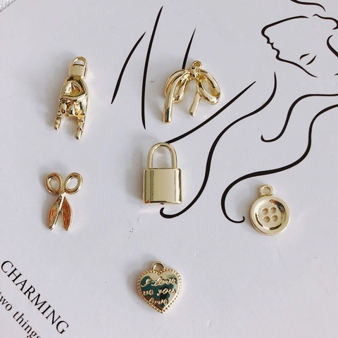 DIY Alloy Electroplated Pendants Hand Gesture Bowknot Scissors Lock Button Heart Shape For Jewelry Making Accessory