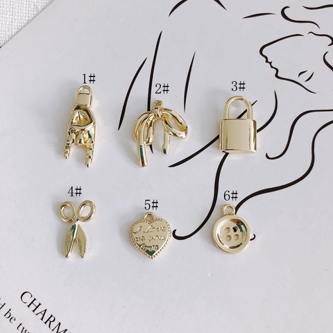 DIY Alloy Electroplated Pendants Hand Gesture Bowknot Scissors Lock Button Heart Shape For Jewelry Making Accessory