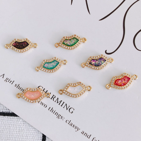 Lip Shape Copper Pendant Colorful Resin With Zirconia Inlaid Jewelry Making DIY Necklace Bracelet Connector Accessory For Women