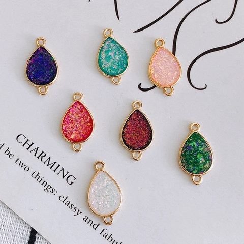 Copper Resin Water Drop Charms Gold Plated Glitter Druzy Pendants Double Loop Connectors For DIY Necklace Bracelet Jewelry Making