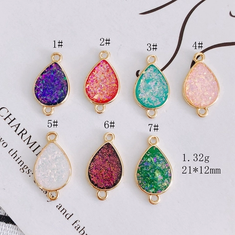 Copper Resin Water Drop Charms Gold Plated Glitter Druzy Pendants Double Loop Connectors For DIY Necklace Bracelet Jewelry Making