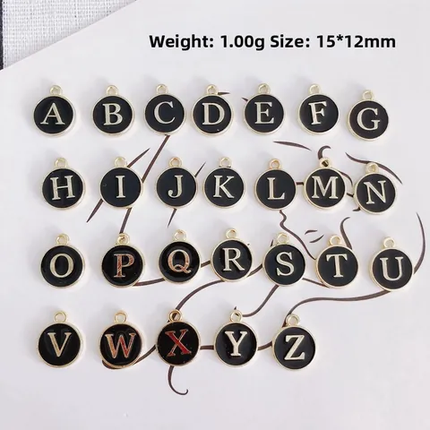 Round Alloy Alphabet Initial Charm Pendant Black Enamel Gold Tone DIY Jewelry Making Findings Accessories Vintage Simple