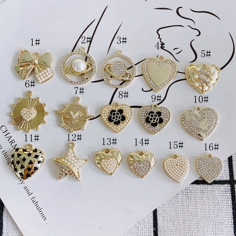 DIY Alloy Gold Plated Pendant Charms With Faux Artificial Pearl Rhinestone Heart Bow Saturn Star Flower Shape For Necklace Making Jewelry Accessories