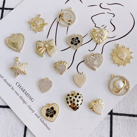 DIY Alloy Gold Plated Pendant Charms With Faux Artificial Pearl Rhinestone Heart Bow Saturn Star Flower Shape For Necklace Making Jewelry Accessories