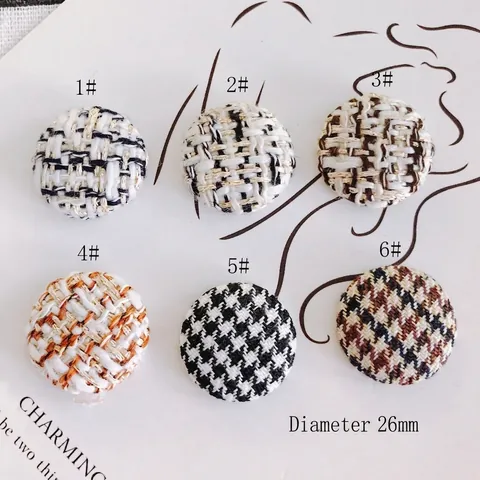 Boutons Recouverts de Tissu Tweed Pied-de-Poule Ronds Vintage pour Couture DIY Manteau Pull Bijoux Accessoires