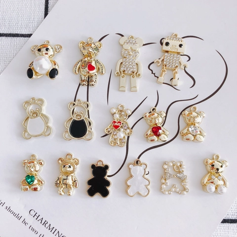 DIY Jewelry Accessories Alloy Bear Robot Charms Gold Silver Plated Enamel Artificial Pearl Rhinestone Pendants For Handmade Making