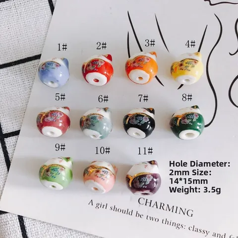 Hand Painted Ceramic Lucky Cat Beads Maneki Neko Porcelain Loose Beads For Jewelry Making DIY Bracelet Accessories