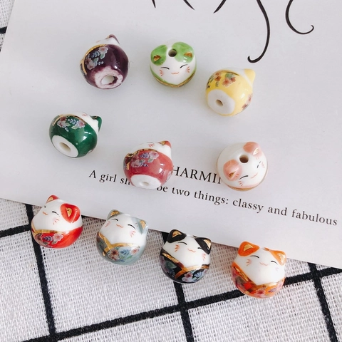 Hand Painted Ceramic Lucky Cat Beads Maneki Neko Porcelain Loose Beads For Jewelry Making DIY Bracelet Accessories