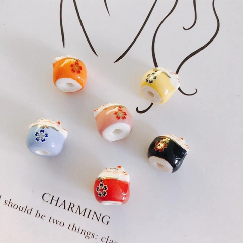 Handmade Ceramic Lucky Cat Loose Beads DIY Jewelry Accessories Maneki Neko Porcelain Beads For Bracelet Making Floral Pattern