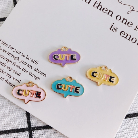 Cute Letter CUTE Alloy Enameled Pendant Speech Bubble Shape Drip Oil Jewelry Charms For DIY Necklace Bracelet Making Accessory