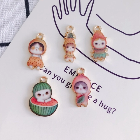 Cute Cartoon Cat Fruit Alloy Pendants Enameled Watermelon Pineapple Peach Strawberry DIY Jewelry Making Charms For Earring Necklace