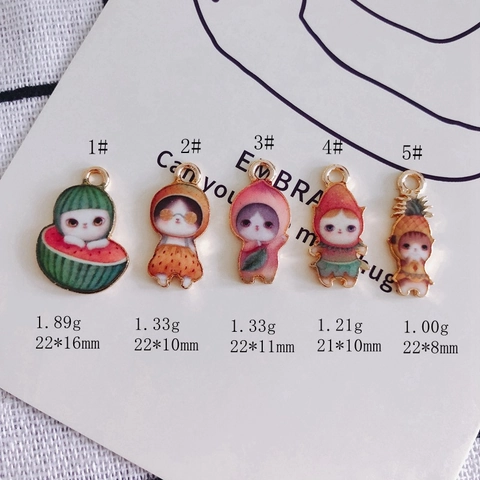 Cute Cartoon Cat Fruit Alloy Pendants Enameled Watermelon Pineapple Peach Strawberry DIY Jewelry Making Charms For Earring Necklace