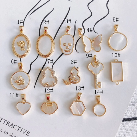 Vintage 18K Gold Plated Copper Mother Of Pearl Pendants Rhinestone Skull Butterfly Heart Gourd DIY Jewelry Making Accessories