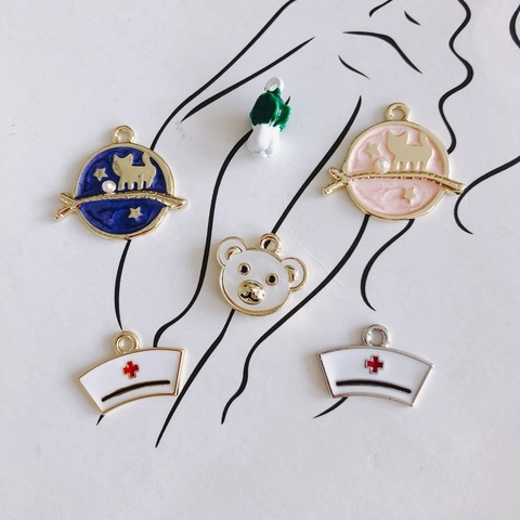 Cute Alloy Enamel Cat Bear Nurse Hat Cabbage Pendants For Jewelry Making Earrings Necklace Accessories Women Girls Gift