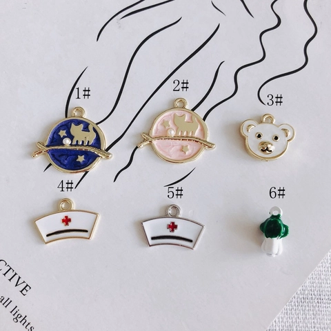 Cute Alloy Enamel Cat Bear Nurse Hat Cabbage Pendants For Jewelry Making Earrings Necklace Accessories Women Girls Gift